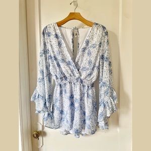 Altar’d State "Eile" Ivory and Blue Ruffled Bell Sleeve Romper